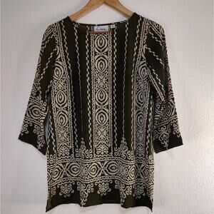 Linea Olive Green Cream Tribal Print 3/4 Sleeve Round Neck Tunic Blouse Size 2